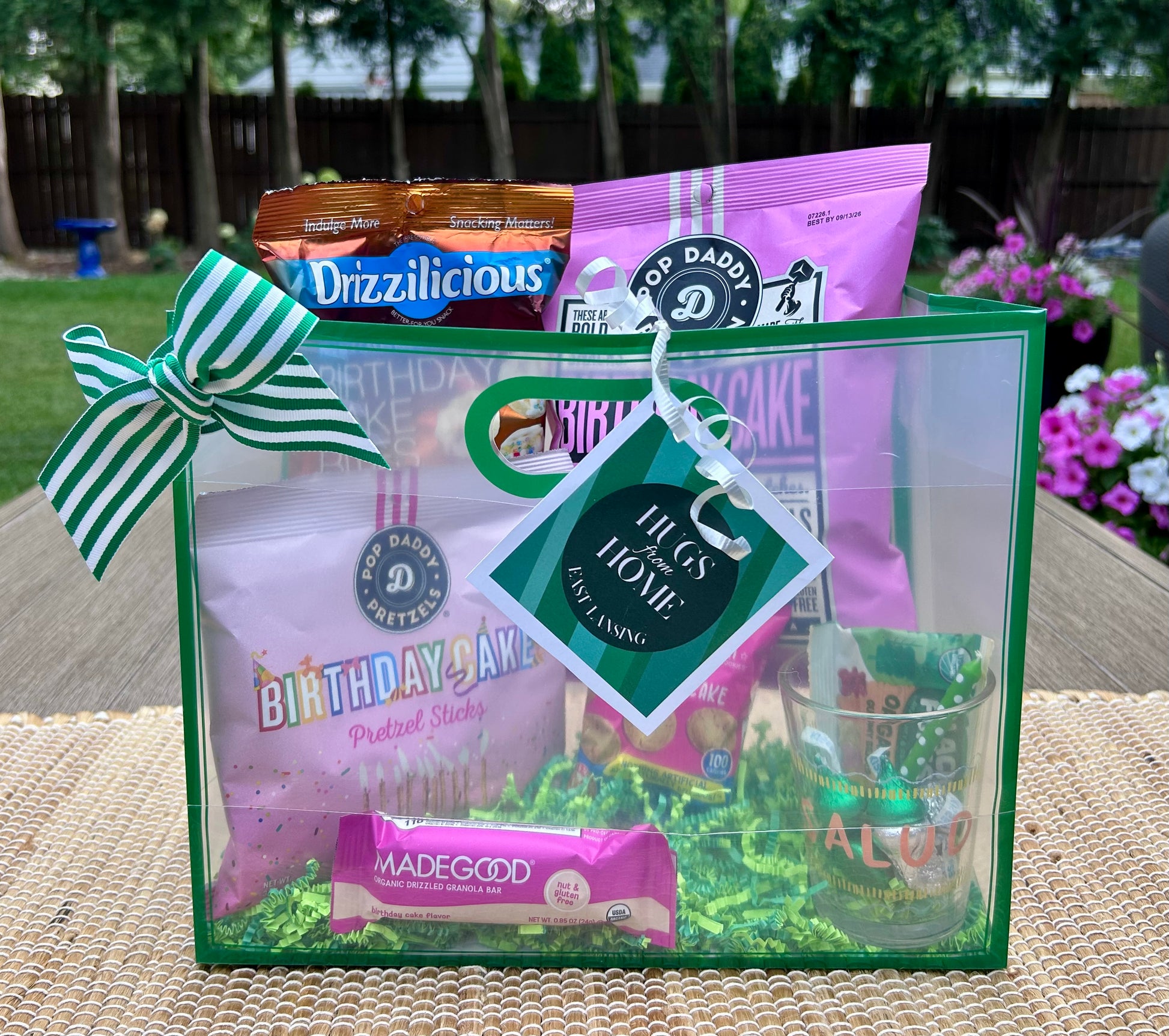 Birthday surprise bag! Clear tote bag filled with birthday-themed snacks, & celebratory treats.🎉Included with every bundle. 