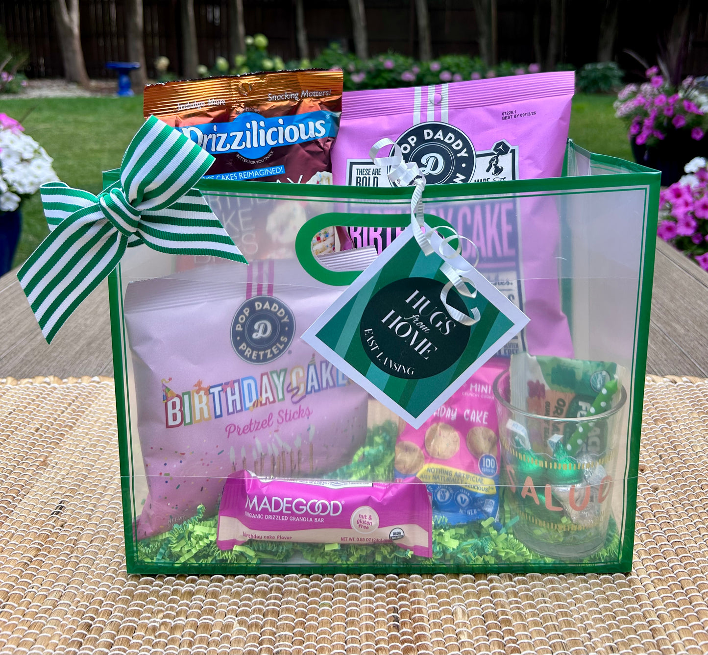 Birthday surprise bag! Clear tote bag filled with birthday-themed snacks, & celebratory treats.🎉Included with every bundle.