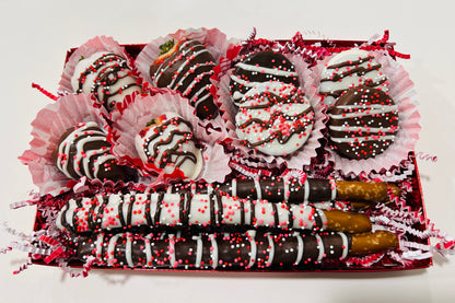 Chocolate Treat Box (Ghirardelli chocolate covered strawberries, pretzel rods & Oreos). Not shown: heart-shaped sugar cookies